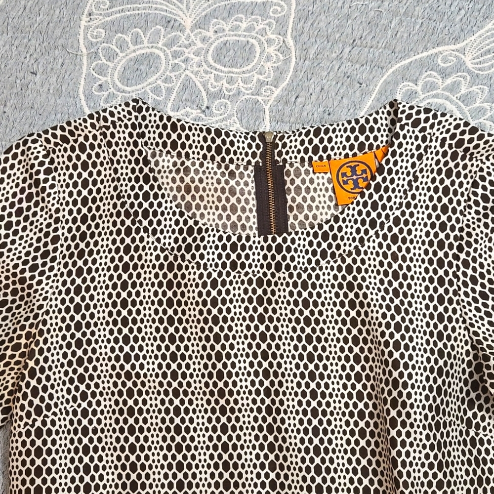 Tory Burch 100% Silk Geometric Polka Dot Mini Dress White Brown Summer Resort 6